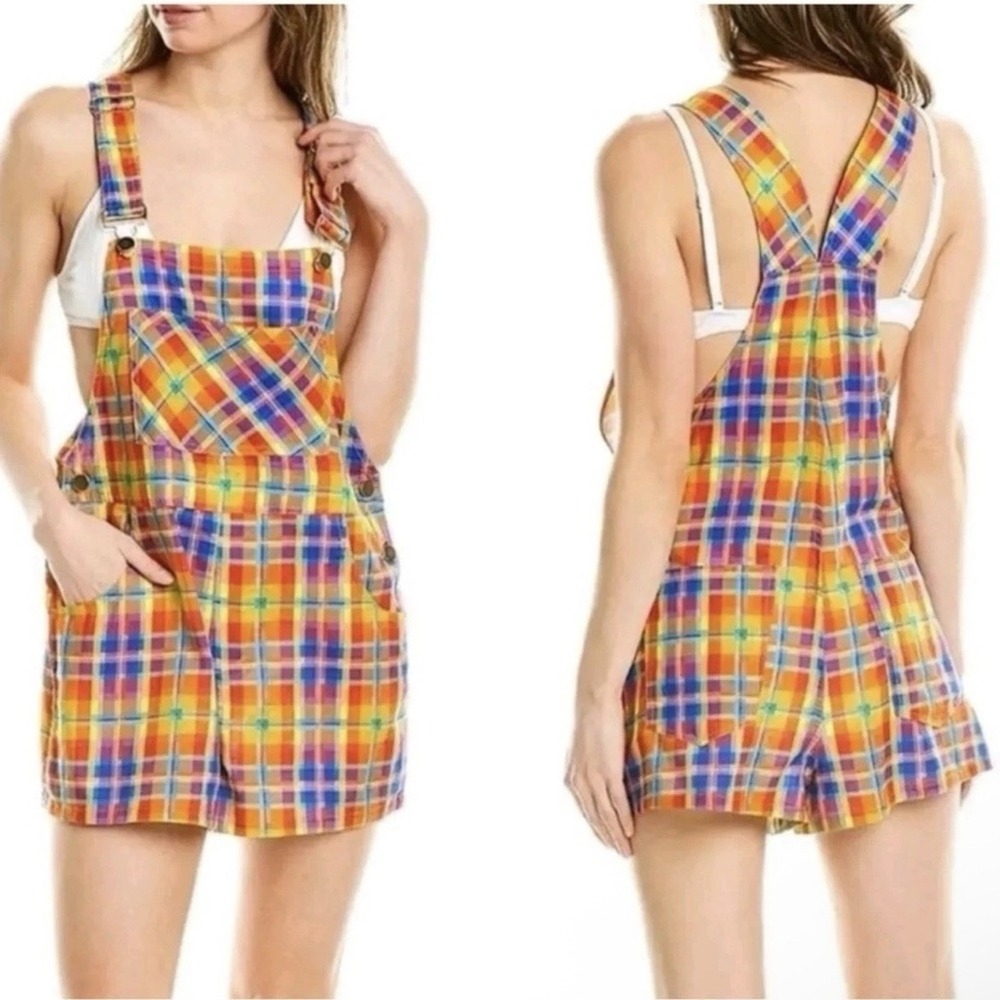 WeWoreWhat Basic Short Overalls In Rainbow Plaid - Size Medium - ($128)